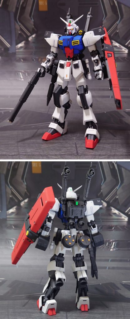 Dガンダムファースト、フル装備の前後ろ。工作は、ゲート痕処理、エッジ尖らせ、パーティングライン・段ズレ・ヒケの対処、面出し、穴開け、肉抜き穴埋め、合わせ目消し、市販パーツ貼り付け・埋め込みによるディティールアップを実施。肉抜き穴埋めは首関節裏、肩関節、腰関節、腰サイドアーマー裏(先端のみ)、足首関節、足の爪先裏、有線爆弾のグリップに実施。合わせ目消しはバックパック、ビー厶ショットガン他武器類各種に実施。手首は30MMオプションセットに交換しました。