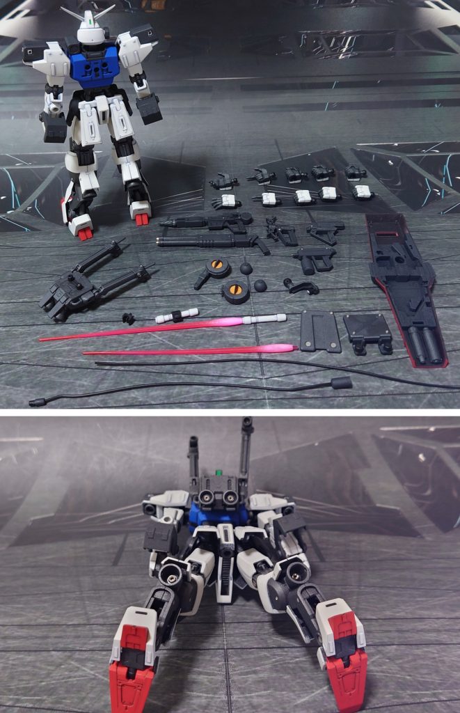 付属品一式と、下からのアングル。■塗装レシピ白:パーツ裏側に黒サフ→パーツ表側にグレーサフ→ベースホワイト→グランプリホワイト→つや消し青:黒サフ→キャラクターブルー→つや消し赤:グレーサフ→MSレッド→つや消し黄:白サフ→イエロー→つや消し武器類グレー:黒サフ→MSグレー連邦系→つや消しフレーム部分グレー:黒サフ→ブライトガンメタル→つや消しサーベルラック:黒サフシールド赤:パーツ裏側に黒サフ→パーツ表側にグレーサフ→MSレッド→つや消しビームサーベル刃エフェクト:先端側にメタリックレッド→根元側にベースホワイト→全体に蛍光ピンク頭部ツインアイ・センサー部:キット付属シールを使用バックパックセンサー:市販シール素材を使用その他部分塗装、墨入れ:ガンダムマーカー各種→つや消し