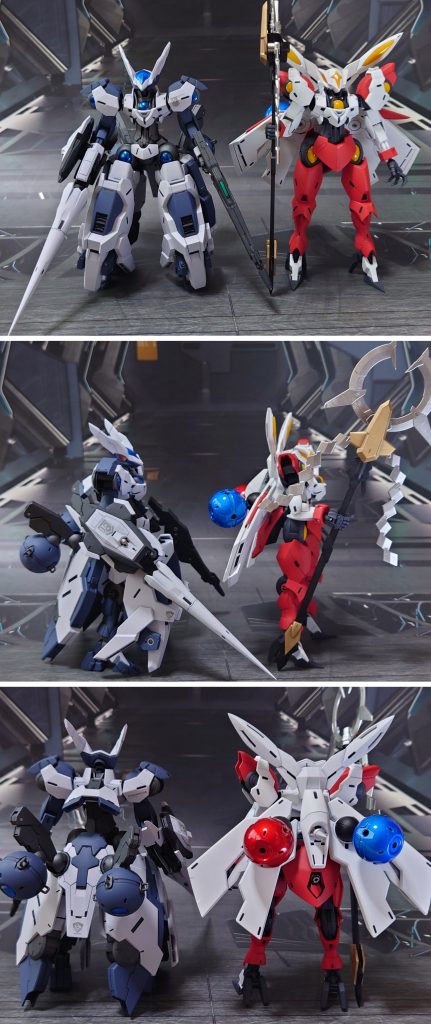 過去作、ベギルベウの改造機“ベギルメ”との比較。■塗装レシピ白:パーツ裏側に黒サフ→パーツ表側にグレーサフ→パープルヘイズ→つや消し青:黒サフ→アマゾンブルー→つや消し関節類グレー:黒サフ→ブライトガンメタル→つや消しランスダガー部:黒サフ→シルバーリーフ→光沢武器類黒:黒サフ→MSグレー連邦系→つや消しジョイント類:黒サフクリアパーツ①:メタリックブルー→光沢クリアパーツ②:市販のシール素材→光沢ビームサーベル刃エフェクト:先端側にメタリックレッド→根元側にベースホワイト→全体に蛍光ピンクビームライフルセンサー:キット付属シールを使用その他墨入れ・部分塗装:ガンダムマーカー各種