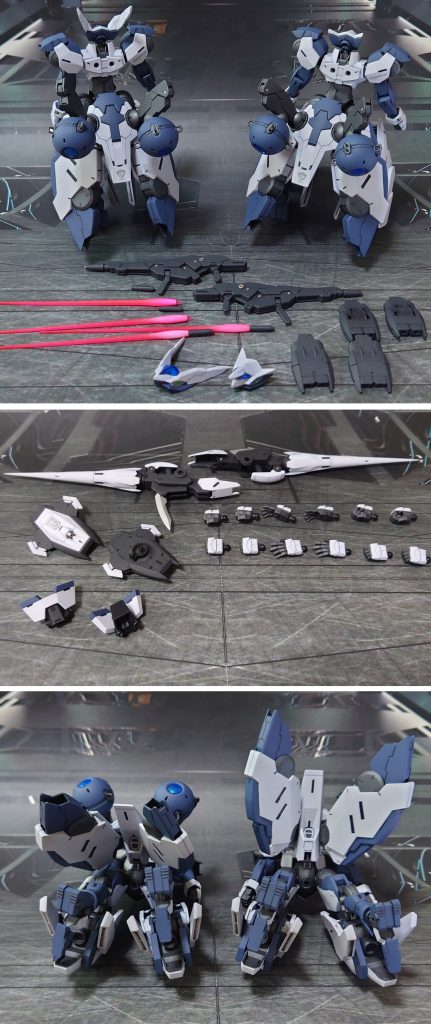 付属品一式と、下からのアングル。追加装備として、HGTWFMミカエリスのバックパック、水星の魔女オプションセット1から、ミカエリス用のジャベリンブレイサーを1機につき1セット用意しました。