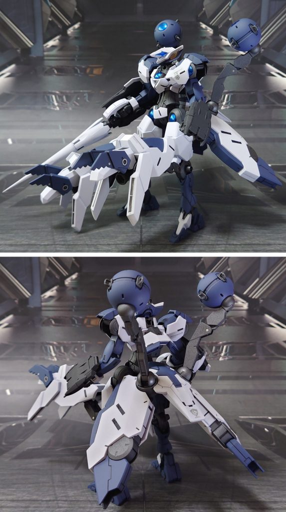 ベギルベウトルシュ(リドリック小隊機)の前後ろ。手首は30MMオプションセットのものに交換。サーベルラックの可動は潰して、ディティールアップパーツで可動軸を隠すよう加工しました。