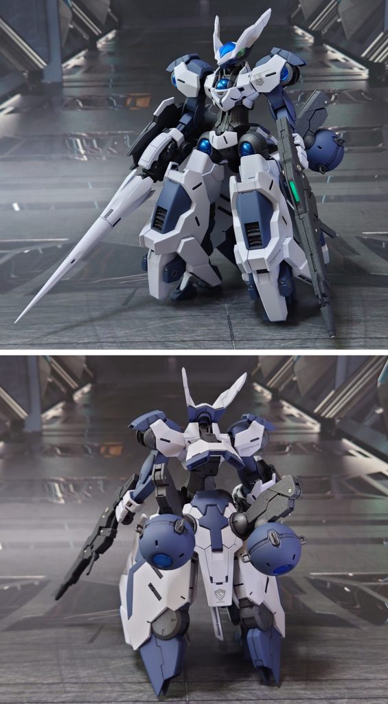 ベギルベウトルシュ(ケナンジ小隊機)の前後ろ。工作は、ゲート痕処理、エッジ尖らせ、パーティングライン・段ズレ・ヒケの対処、面出し、一部パーツの肉抜き穴埋め、合わせ目消し、市販パーツ貼り付け・埋め込みによるディティールアップ兼肉抜き穴埋めを実施。肉抜き穴埋めは、首関節裏と足の爪先、グリーブの裾裏側、(ミカエリスの)バックパックに実施。合わせ目消しは、上腕とジャベリンブレイサーに実施。