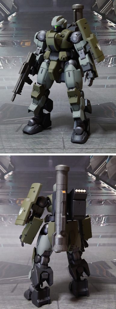 デスルター、A装備で前後ろ。工作は、ゲート痕処理、エッジ尖らせ、パーティングライン・段ズレ・ヒケの対処、面出し、合わせ目消し、肉抜き穴埋め、穴開け、市販パーツ貼り付け・埋め込みによるディティールアップを実施。合わせ目消しは腹部に実施。肉抜き穴埋めは首関節裏に実施。