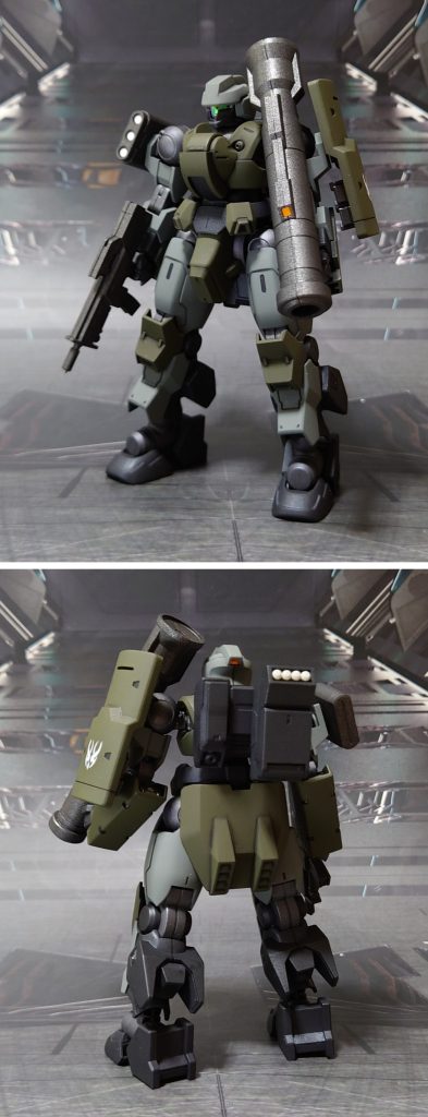 デスルター、C装備で前後ろ。オルコット搭乗機ではシールドにベージュのラインが入りますが、今回は“所属不明・機体間の関係性不明な謎の部隊”とするため不採用、代わりに既存のガンダム作品に登場しないマークをデカールで貼り付けました。