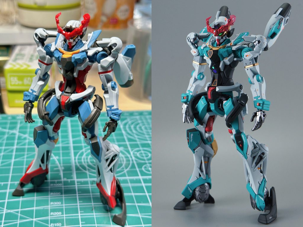 素組みとの比較。オリジナルよりも塗り分けを減らし、ディテール追加で情報を増やしました。