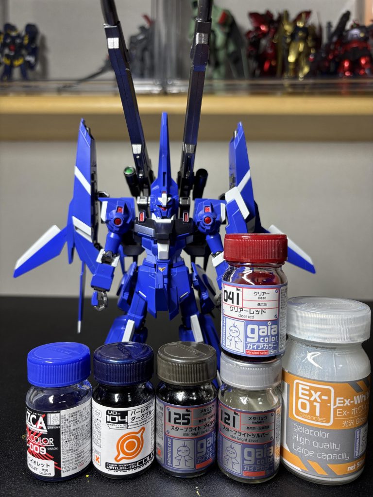 外装：青サフ→コバルトバイオレット、ミリオンブルー、黒サフ→パールマーズダークブルーセンサー部：スターブライトシルバー→クリアーレッド関節、武器：黒サフ→スターブライトアイアン