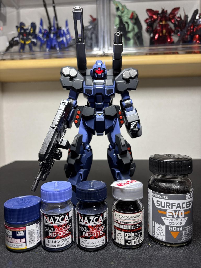 外装：(紺)グレサフ→ティターンズブル−２＋ダークブルーイッシュパープル、(水色)グレサフ→ティターンズブル−２+ミリオンブルー、(銀)黒サフ→ダークステンレスシルバー、(黒）黒サフ→ジャーマングレー武器：黒サフ→スターブライトアイアンフレーム：ガンメタサフ