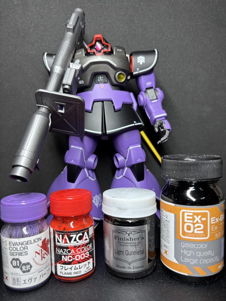 外装：(紫)グレサフ→エヴァパープル、(黒)黒サフ→EXブラック、(灰)黒サフ→ライトガンメタル、(赤)ピンクサフ→フレイムレッドフレーム、武器：ガンメタサフトップコート：EXセミグロスクリア