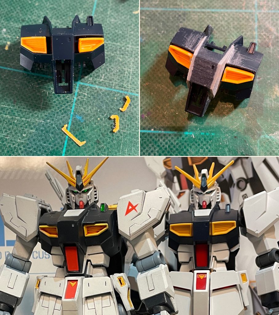 【胸部の改造】　胸部のボリュームがなくてこじんまりした印象を与えていると感じたので中央ブロックを張り出す方向でボリュームアップ。　一番問題なのはポッカリ大穴の空いている黄色い前面ダクト部分、最近のキットはこの部分大型化の傾向がありますね。ガンダムタイプのキャラクターアイコン的なデザイン意匠だからこの部分に大きなダクトが開いているのは仕方ないとはいえデカすぎないか。というわけで画像1枚目左上のようにカットソーで縦横切り詰めました。向かって左が横幅詰め、右がその後の縦幅詰め。隙間に1mmプラ板差し込んだら胸部ブロックのボリュームアップまでできます。下段がパチ組との比較で小型化されているのがわかると思います。