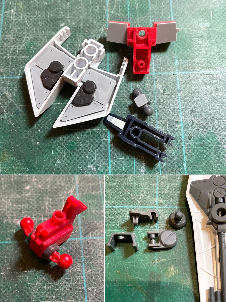 【その他の改造箇所その1】（上部画像）腰裏、腕部サーベルラック、首関節パーツの裏打ち（下部左画像）股関節部分をディテールパーツ挟んで片側2mm程度幅増し（下部右画像）余っていたMGガンダム（ORIGEN）の盾マウントパーツ（MGガンダム2.0系）を加工して流用。