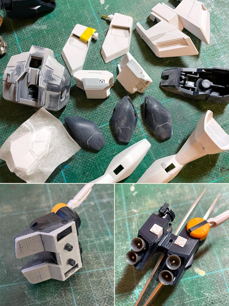 【その他の改造箇所その2】（上部画像）各部ディテールアップ中（下部左画像）バックパックの接続部に角度をつけたスペーサーを挟んでボリュームアップ＆角度調整（下部右画像）バーニアにディテールアップパーツを使用