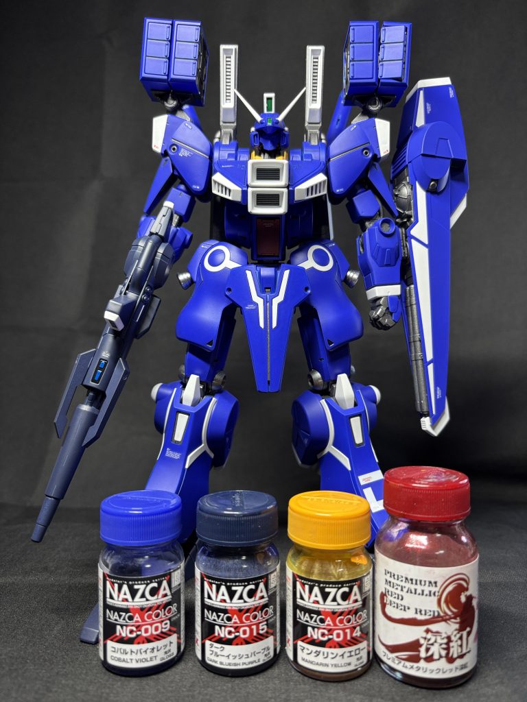 外装:(青)青サフ→コバルトバイオレット、(紺)青サフ→ダークブルーイッシュパープル、(黄)ピンクサフ→マンダリンイエロー、(赤)黒サフ→プレ機アムメタリックレッド、(白)白サフ→EXホワイトフレーム:ガンメタサフ