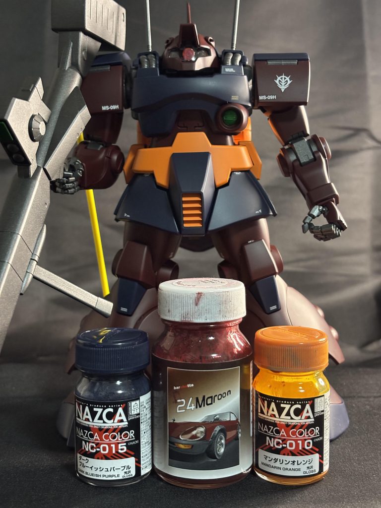 外装:(茶)グレサフ→マルーン、(オレンジ)ピンクサフ→マンダリンオレンジ、(紺)グレサフ→グレサフ→ダークブルーイッシュパープル、フレーム、武器:ガンメタサフ+黒サフトップコート:スーパースムースクリア