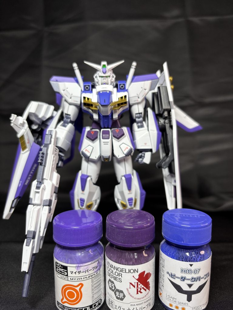 外装:(白)グレサフ→EXホワイト、(紫)グレサフ→マイザーパープル、(濃い紫)グレサフ→エヴァナイトパープル、(青紫)グレサフ→ヘビーダークパープル、(黄)黒サフ→スターブライトゴールドフレーム灰:シルバーサフ+パールマーズダークブルー、フレーム黒:ガンメタサフ+黒サフトップコート:EXセミグロスクリア