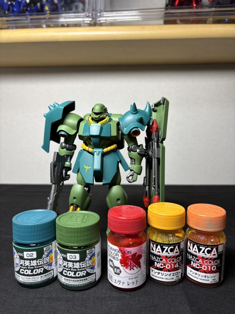 緑:グレサフ→グリーン、濃い緑:グレサフ→ヒューベリオングリーン、黄:ピンクサフ→マンダリンイエロー、橙:ピンクサフ→マンダリンオレンジ、関節、武器:ガンメタサフ