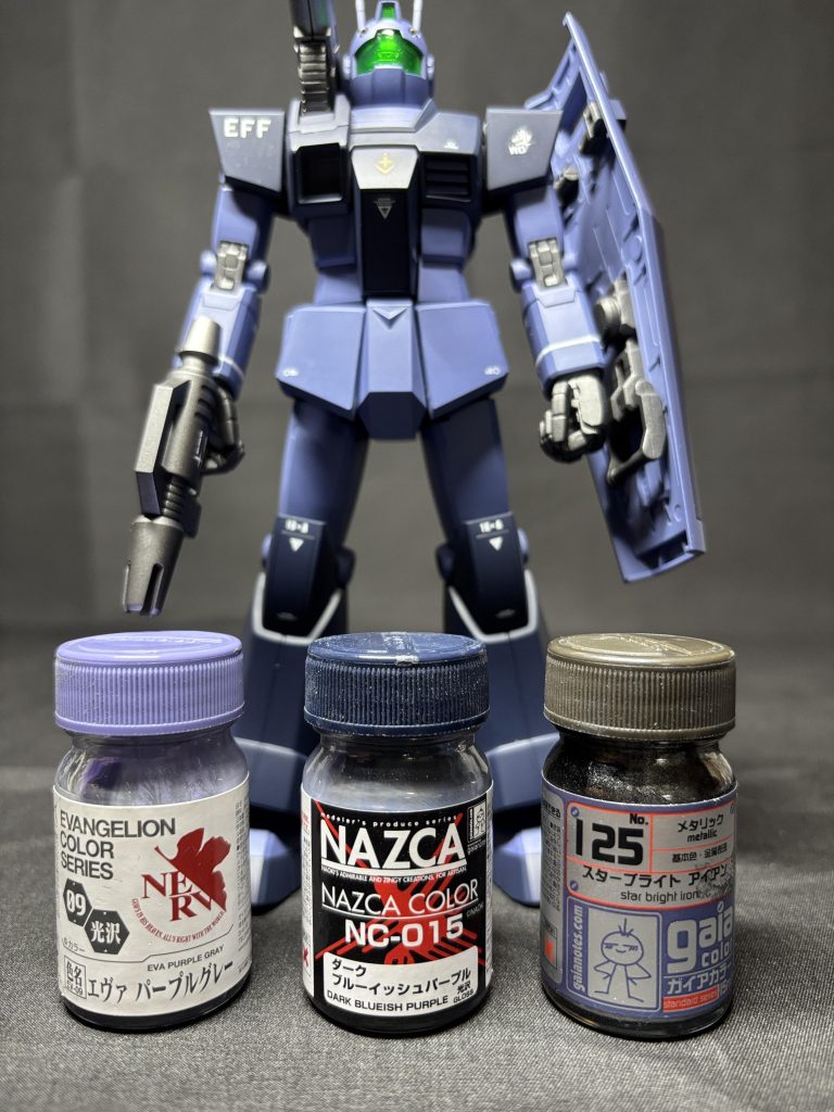 外装:(紺)黒サフ→ダークブルーイッシュパープル、(青)グレサフ→エヴァパープルグレー4+ダークブルーイッシュパープル1、(バイザー)スターブライトシルバー→クリアグリーンフレーム:ガンメタサフ3+黒サフ2武器:黒サフ→スターブライトアイアントップコート:スムースクリア