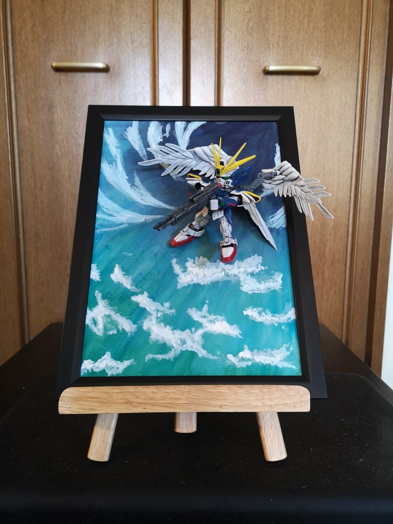 正面からしかし、この背景準備するのに手こずりました・・・最初は手書きでスタートしたものの、絵描きなんてが学生時代くらいしかなく実際の空を写真に撮ってみるも自然相手に狙い道理にいくわけもなく結局、手書きでおしきりました