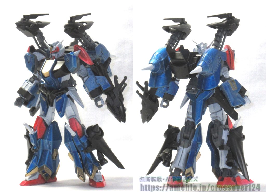 　というわけでHGCEデュエルブリッツガンダムをベースにケルベロスバクゥハウンドの頭部とケルベロスウィザード、ジン・ハイマニューバの脚部スラスターなどを追加。そのために脚部アサルトシュラウドは左右入れ替えています。　右前腕のリトラクタブルビームガンや膝のビームサーベルは以前の製作で余ったブルデュエルのパーツから流用。