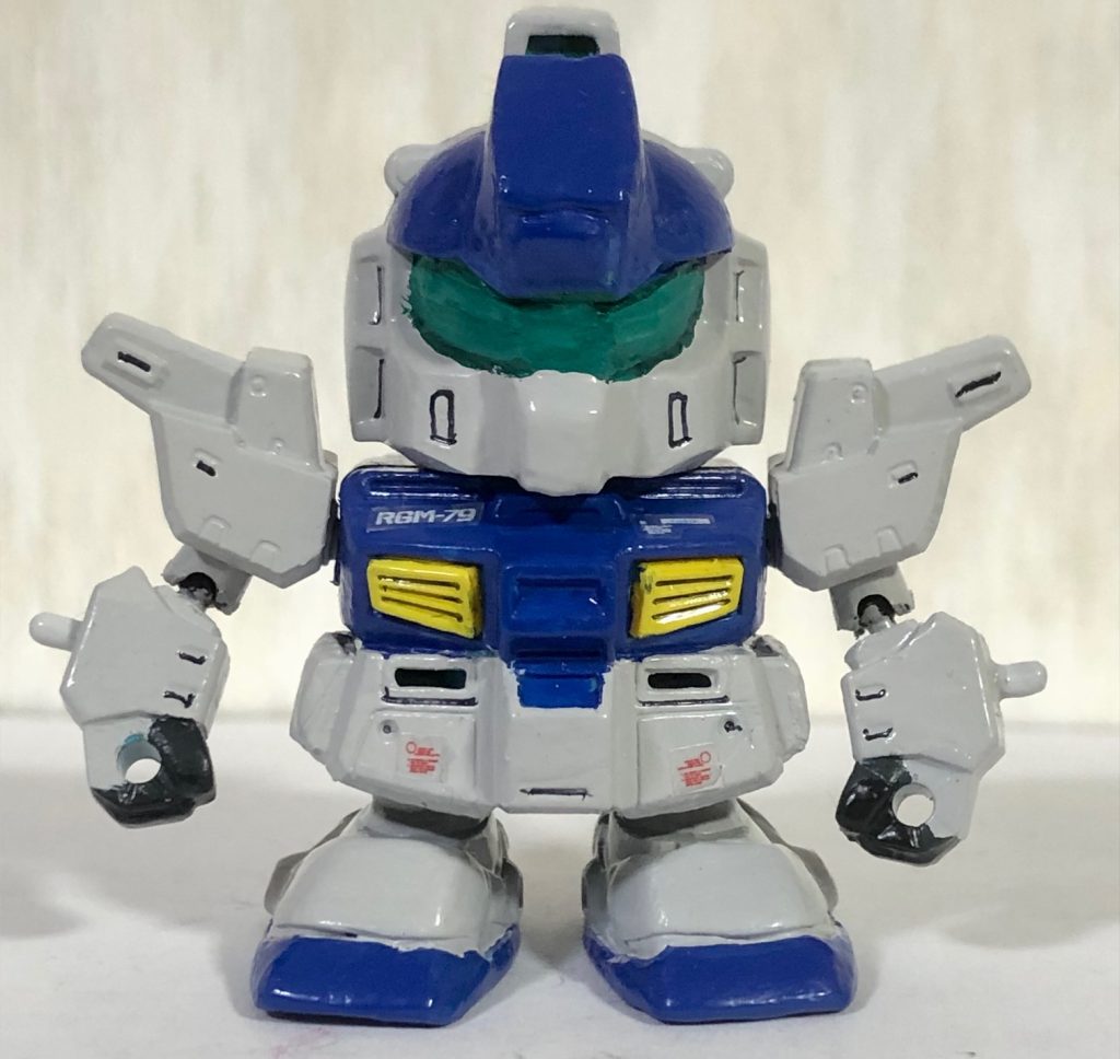 フロントビュー。カラーリングはホワイトディンゴ隊のジムスナイパーⅡを参考に、ブルーと灰色9号で塗装しました。