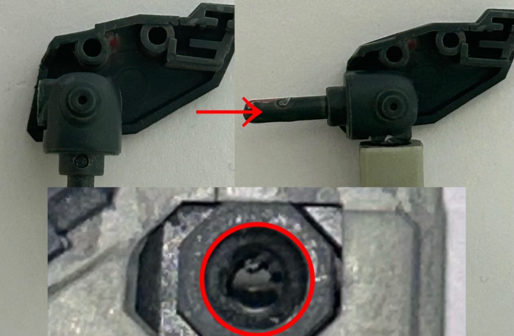 腕部取り付け改造本来のセイバーの取り付け位置から逆にし、凸側が胴体に、凹側が腕にくるようにした。ただし肩の隙間がなく、肩アーマーが上へ上がらなくなるので削った。胴体側はポリキャップに3mm穴を開けるだけのお手軽改造