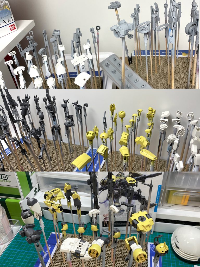 塗装工程もシンプル。サフェ後カラー塗装後ウェザリング前のクリア後発色良くしすぎて黄色の色合い失敗しました。これ以降は完成画像です。ぜひ最後までご覧ください。