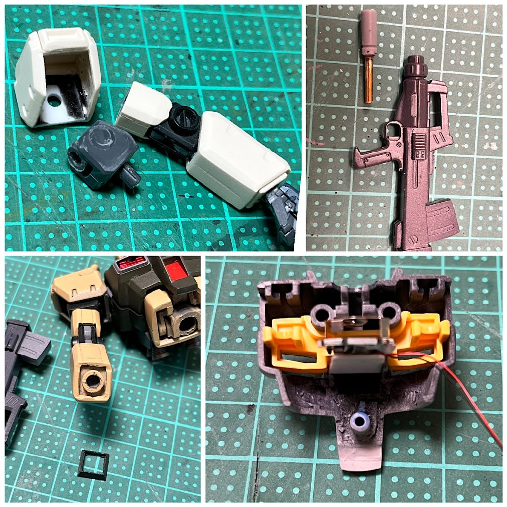ここからはメイキング編肩:後ハメ加工と胴体の隙間を埋める&肩の位置を上方に修正90mmマシンガン:サプレッサーを装着(真鍮パイプ+あすぱら模型のハンドガンのパーツ)袖口:Waveの角バーニアで手首の付け根を隠す胴体にORIGINガンダムの腰の接続軸を移植。LEDの電池兼磁気スイッチを胴体内に格納してます