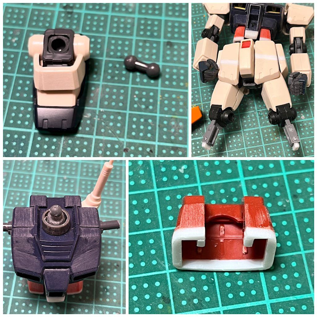 足首のジョイントを市販のものに変更。足首の可動領域を拡大ひざは後ハメ加工後にプラ板で延長首はノコギリでぶった斬ってプラ板を挟んで延長+コトブキヤのショートパイプでカバー(首を太く)腰はORIGINのガンダムから流用。プラ板で丈を延長