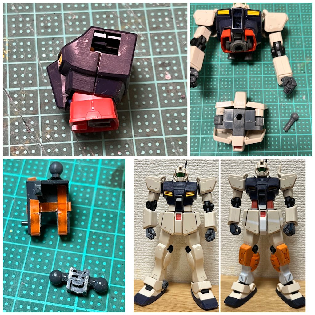 ORIGINガンダムから腰と接続軸を移植。可動領域が拡大股関節はノコで切断してプラ板を挟んで延長各所を延長した結果、ひょろりと上方向に延伸。いい感じのスタイルになりました。