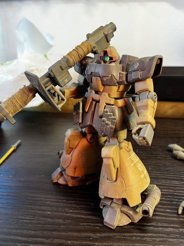 ラケーテン・バズにお茶パックを使って防塵用の麻布風加工にも挑戦してみました!砂漠・残党兵の僕の勝手なイメージでどうしても巻きたかったんです😆