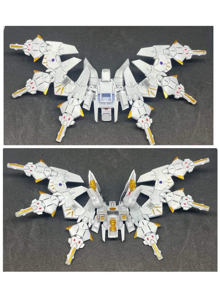 バックパックはMJの物はうーんという感じだったので、HGのように角度を付けて広がる感じにしました。バラせるように磁石で合体してたのですが、保持力足らなかったので最後に接着しちゃいました。間の関節部はプラ板で製作しました。片側4枚だとオーバーサイズ過ぎたので3枚に減らしました。MSGのパーツを使用して縦方向にボリュームも増しました。ドラグーン?の先端もよく分かんない形だったので、切り飛ばしてパイプを接着しビーム砲的な見た目に変更しました。あとは見た目の通り、シナンジュのウイングを取付けました。バックパックは何回かやり直して大変でした🫠