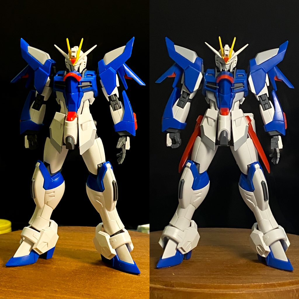 制作過程 今回延長工作など大胆なプロポーション変子はせずキットのスタイルを生かしてスタイルアップしてます。肩アーマー？の幅まし、腰部レールガンを後ろに移動(ネオジム磁石で着脱)サイドスカート変更。