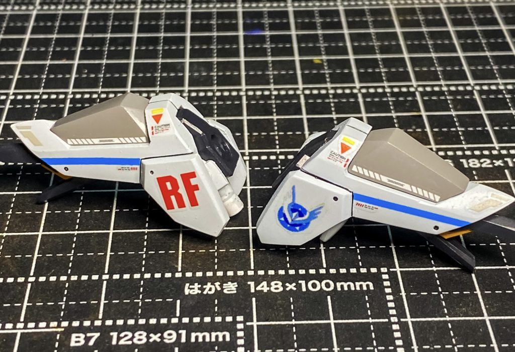 コンパスのデカールは自作し、1番特徴的なFのデカールをRF(ライジングフリーダム)として置いてみました。デカールワークでRXF91のシルエット感を出す方向に変更しました。
