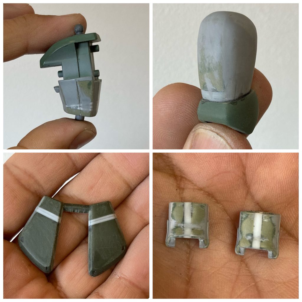 ①腹部を一旦切り離し、腹側は伸ばさず 腰側だけ4mm伸ばしてあります。②太ももをくびれた(?)部分で切り離し3mm伸ばしてあります。更に側面にプラ板を貼って幅を1mmボリュームアップ。③太もも伸ばしに合わせて、前掛け部分を2mm伸ばしてあります。④上腕部(二の腕)を2mm幅増ししてあります。