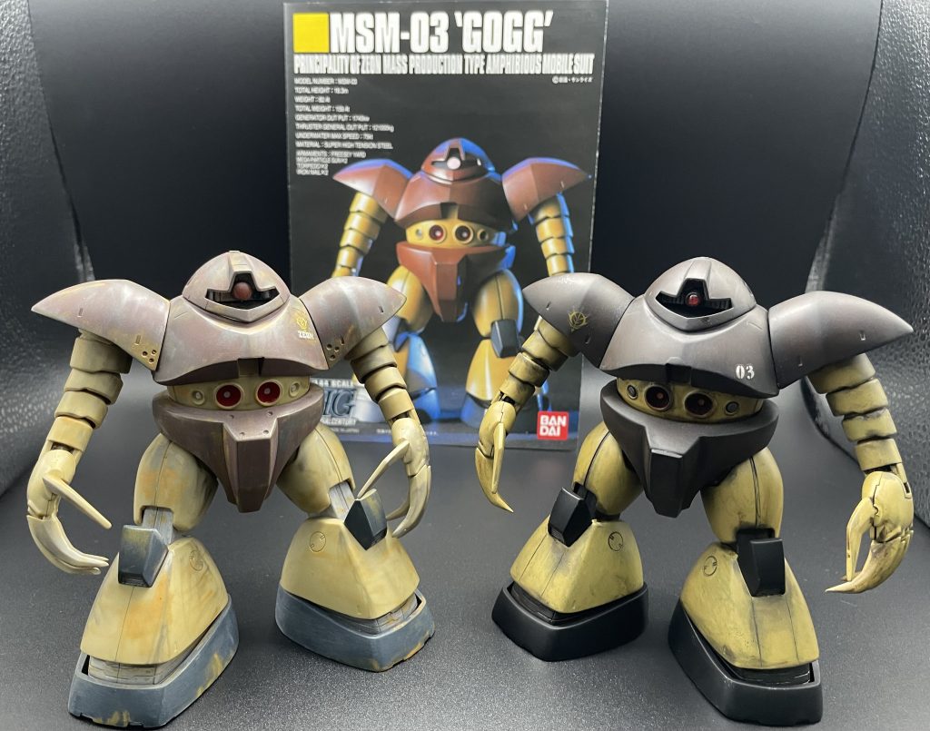 ゴッグ2体目。Xに投稿して2年目だったのですが、Xに投稿し始めた日＝プラモ制作を本格的に始めた日なので自身の技術がどれくらい上がったか確認をしたくて作成。何が面白いって下地にサフを使うこと、合わせ目消し、筆塗り、これ覚えただけだという事。