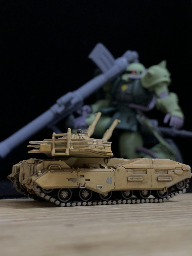 ザクを狙うカットで〆。ご覧いただきありがとうございました。カラーレシピ:下地・タイヤ:ファレホプライマージャーマンパンツァーグレー本体色:ファレホモデルカラータンイエロー機銃・キャタピラ:ファレホメカカラーダークスチール