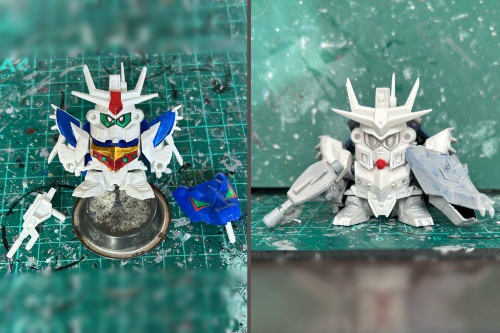 左：素組　右：形成中本体のスタイル改修は、足付け根の幅を広げて、足を１ミリ幅増ししてます。