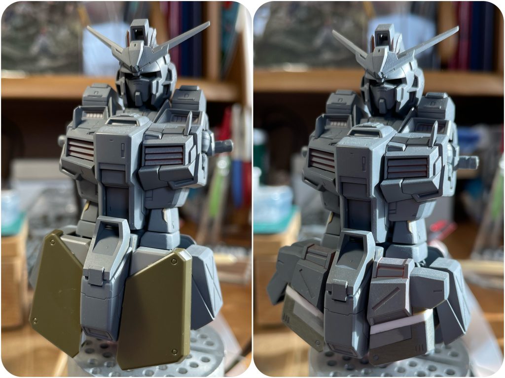 フロントアーマーの検討状況長さで1mmか2mm延長したのですが、失敗してしまい、プレーンな左のモノに変更しようか悩んだんですよね実は笑でもなんだかんだで、右のデザインがお気に入りだったので、何とか頑張って修正しました。良かった良かった。