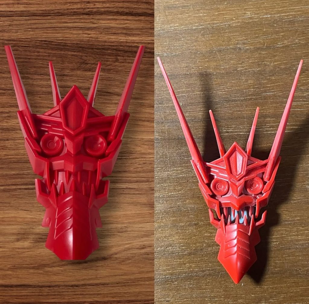 鬼面の開口や角の延長もしてます。タガネでひたすらスジを入れて切り離しました。