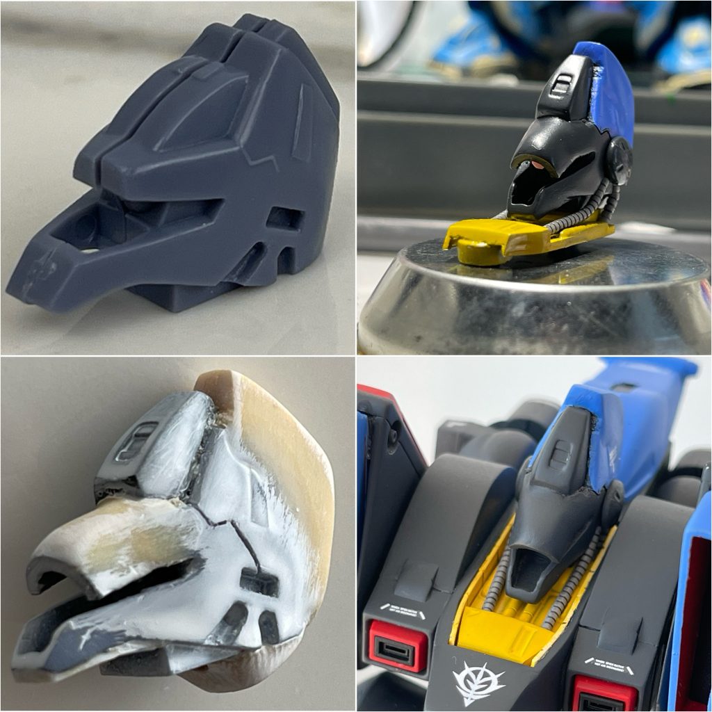 頭部の改修もかなり苦労しました。パテで造形した箇所はもれなくボコボコになっています。パテ造形を綺麗にできる人を私は心から尊敬します。頭部は基部と一体化して、ネオジム磁石で変形時に基部ごと取り外せるようにしました(HJメカニクスの作例が大変参考になりました)