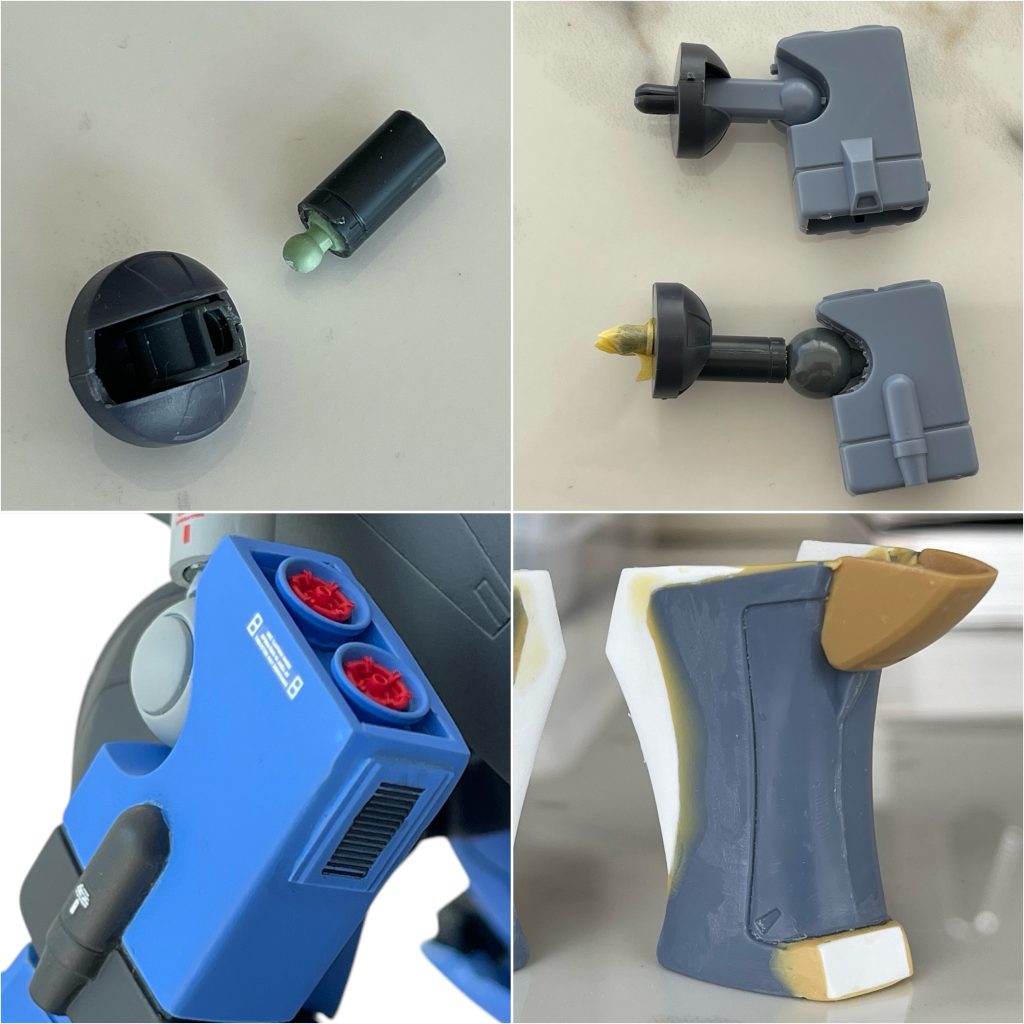 【改修内容の一例】(左上)丸い肩パーツの内部にザクIIの腕関節をはめ込み、そこに接続する円筒状の腕はザクIIのバズーカをカットして作成(右上)腕の円筒部と四角いパーツとの付け根はボールジョイントに変更(左下)設定画を見ると腕のバーニアの周りを囲うようにヘリがあったのでプラ棒で作成(右下)スネは設定画と形状が全然違ったので、プラ板とパテで面積拡大…その他、ほぼ全身になんらかの手を加えています