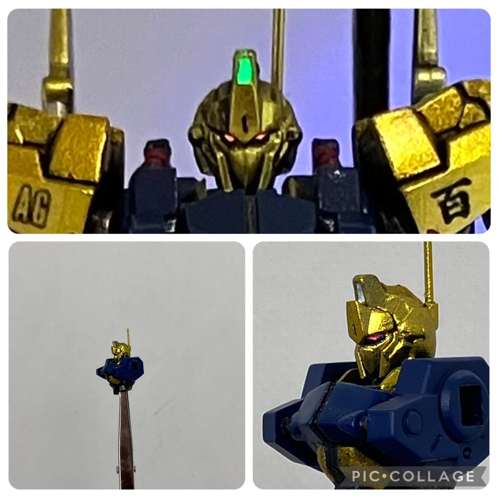 　ツインアイやセンサーカメラはアクリル絵の具の白を爪楊枝や面相筆で塗った上にガイアの蛍光エナメルをのせました。ブラックライトで照らせばビコーンと発光します✨