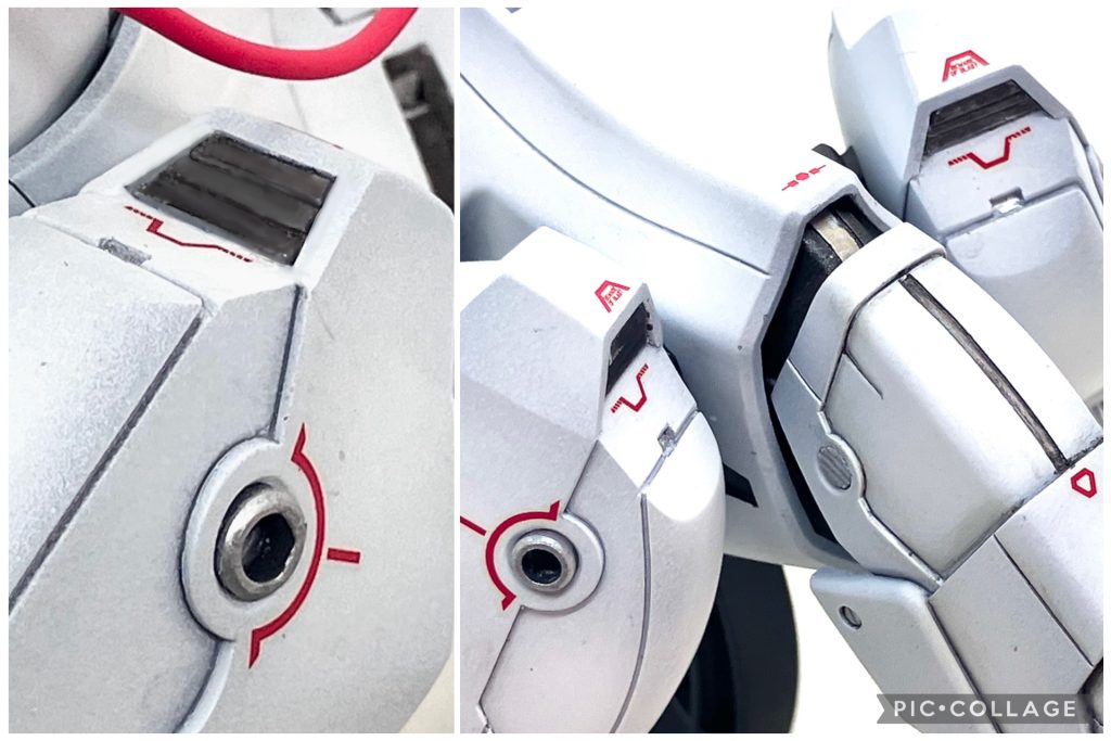 脚の付け根のダクトにはプラ板でフィンを追加。穴には動力パイプのパーツを一つずつ埋め込んでディテールを追加。