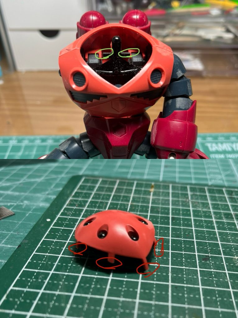 目つきを悪くする工作(たぶん3~5㎜狭く)内部にあるフレームの十字のパーツを削り込むだけでスリットが狭くなり、目つきが悪くなりますとても簡単!!あとはスリットの柱を少しカットするだけ