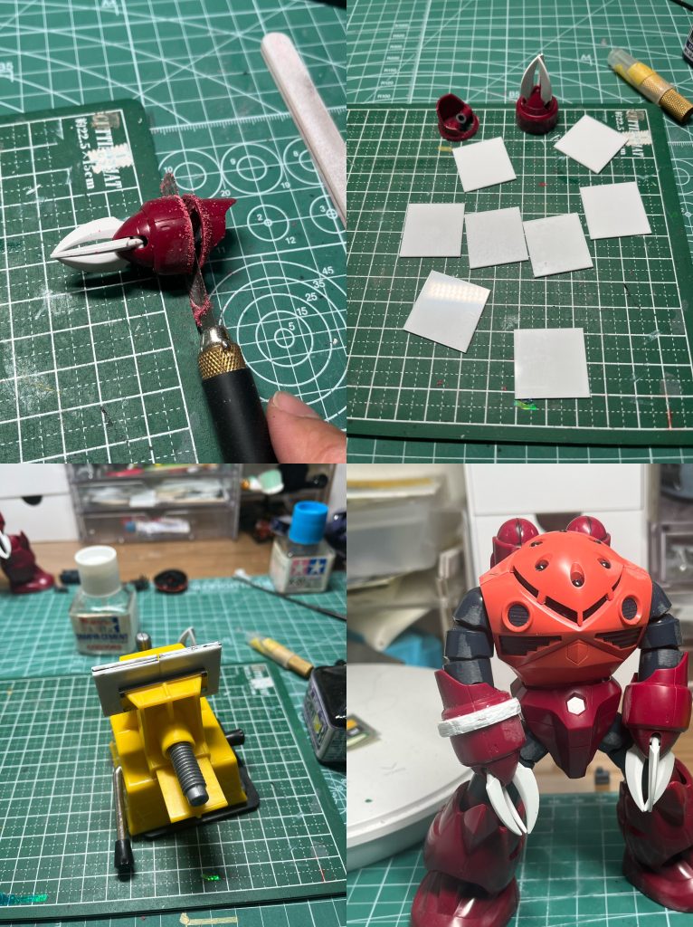 古いキットだけあっていろいろな作例がありますね!左上:雑にノコでカット右上:1㎜プラ板左下:4枚を重ねて接着右下:いらない部分を雑にカット