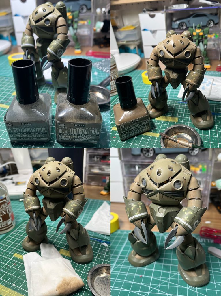 Mr.ウェザリングカラーを全身に塗布↓ティッシュで雑にふき取り↓綿棒で細かくふき取り↓金属剥げ表現 エナメル塗料のシルバーをドライブラシ↓金属剥げ表現 エナメル塗料の黒をスポンジにてチッピング↓ガンダムマーカー 汚しペン(茶・黒)汚れの垂れ表現ウェザリングはまだまだ勉強が必要だ。。。今回も適当に終わらせてしまった、目標意識ゼロモノアイは100均のダイヤカットシールをクリアカラーで塗装して使用メタルパーツ使いたいけど高いので今回はシールを使いました。●使用塗料本体(胴体):ガイアカラー ダークイエロー2本体(足・腰・腕):Mr.カラー ブロンセグリュンRAL6031(+ダークイエロー2少量)腕・足関節(茶):Mr.カラー ウッドブラウン + イエローFS33531クロー(グレー):適当(記録なし) トップコート:Mr.カラー スーパースムースクリア(つや消し)