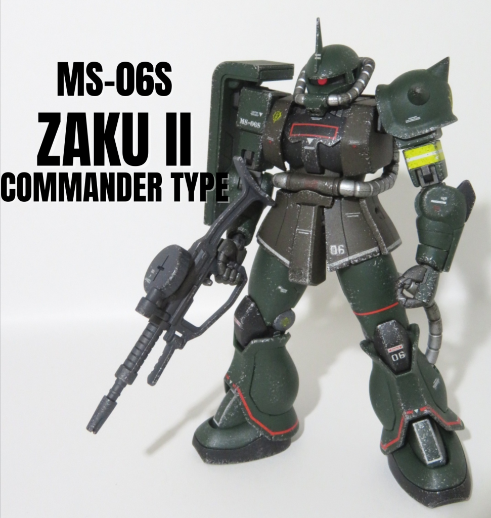 武器類は合わせ目を消してMr.カラー MSグレージオン系で塗装。動力パイプはMr.カラー シルバーで塗装。モノアイは3Dメタリックシールを使用。肩のスパイクアーマーとアンテナはシャープ化。