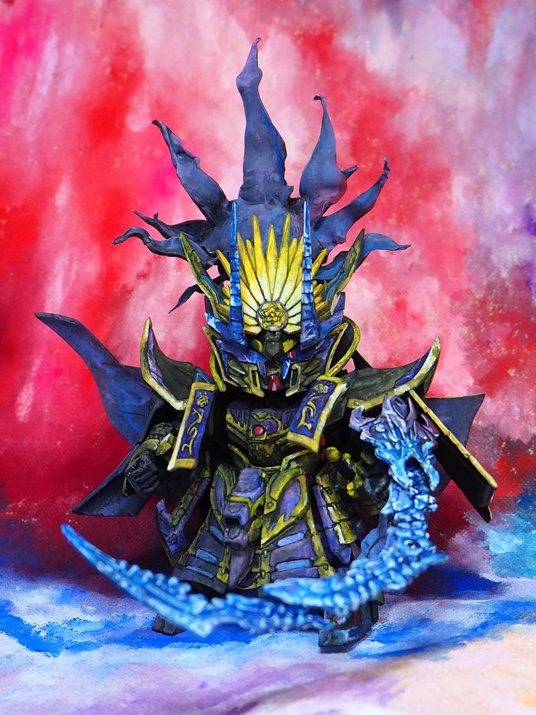 いつもの様にアクリルガッシュの筆塗り塗装仕上げです。ちょんまげ(?)逆立つ髪のパーツだけプラ板を炙ってウネウネした自作パーツに交換しています。