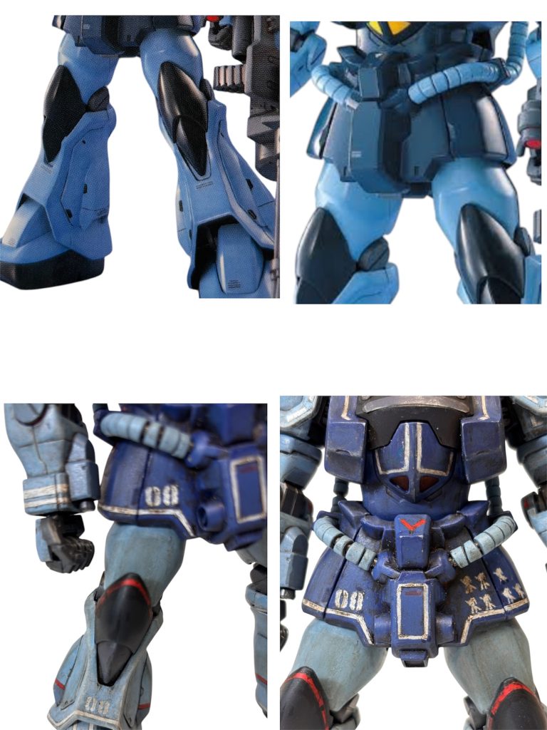 加工前(上)、加工後(下)。腰フロントアーマーはわかりやすあのですが、脚部のボリュームアップ手間がかかった割に効果が見え辛いかも。