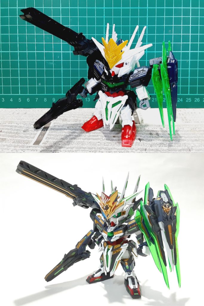 塗装前との比較加工は全体のシャープ化、肉抜き埋め。下半身は窮屈な印象だったので改修しています足の塗り分けがとにかく大変でした笑