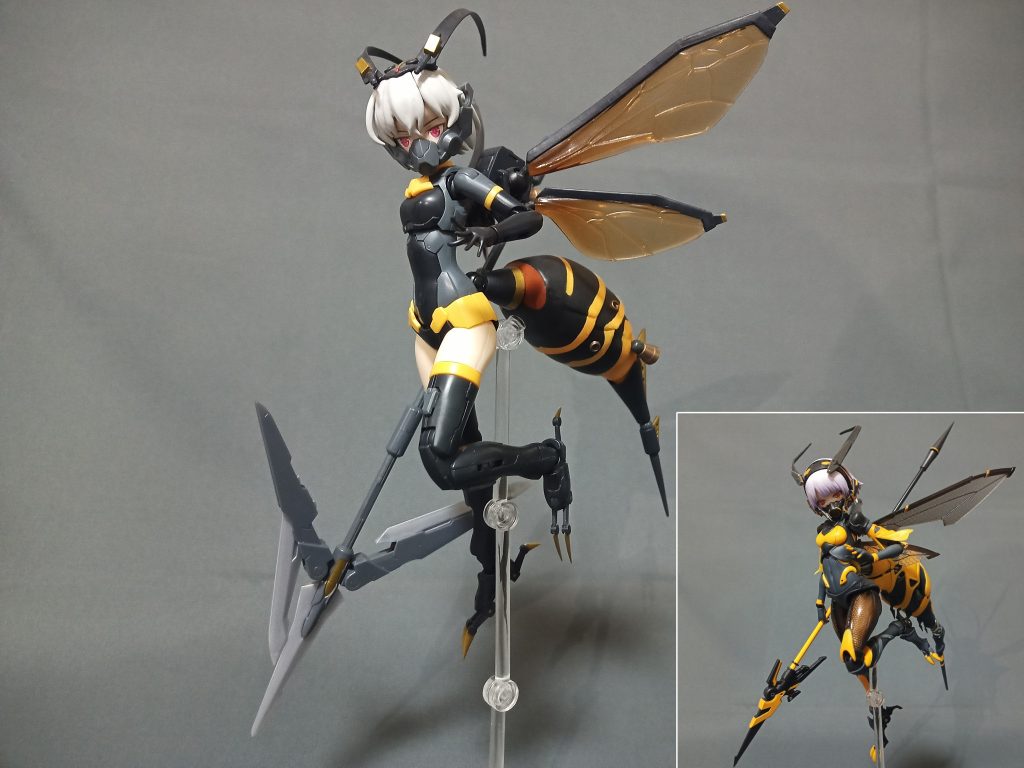 こちらは以前他の投稿サイトにUPした「30MSリシェッタ蜂娘ver.」と、更にその元として強く影響を受けた中華フィギュア「ワスプガール ブンちゃん」(右下)です言ってみれば今回のプルツーは「パチモンの焼き直し」というかなりアレな仕様 (￣▽￣;)